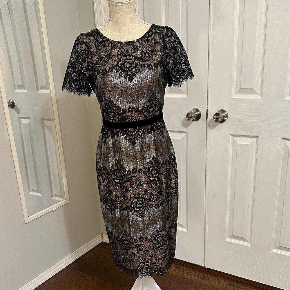 BCBGMaxAzria Black and Silver Lace Midi Dress